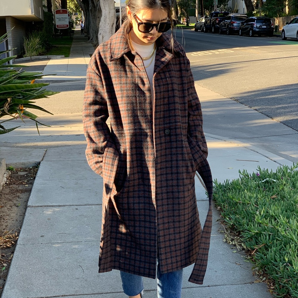 Vince Mahogany Plaid Check Coat Sz XS NWT